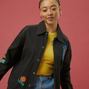 Forever 21 Black Is Power Love Peace Button Down Patch Work Denim Jacket Rare M